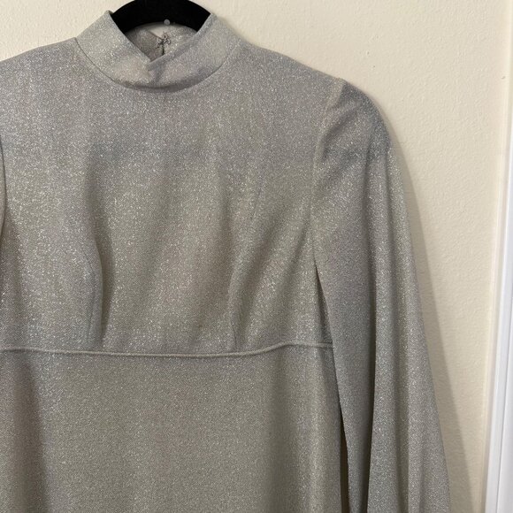Vintage Long Silver Glitter Maxi Dress W/ High Neck & Balloon Sleeves Sz S/M - Picture 2 of 8